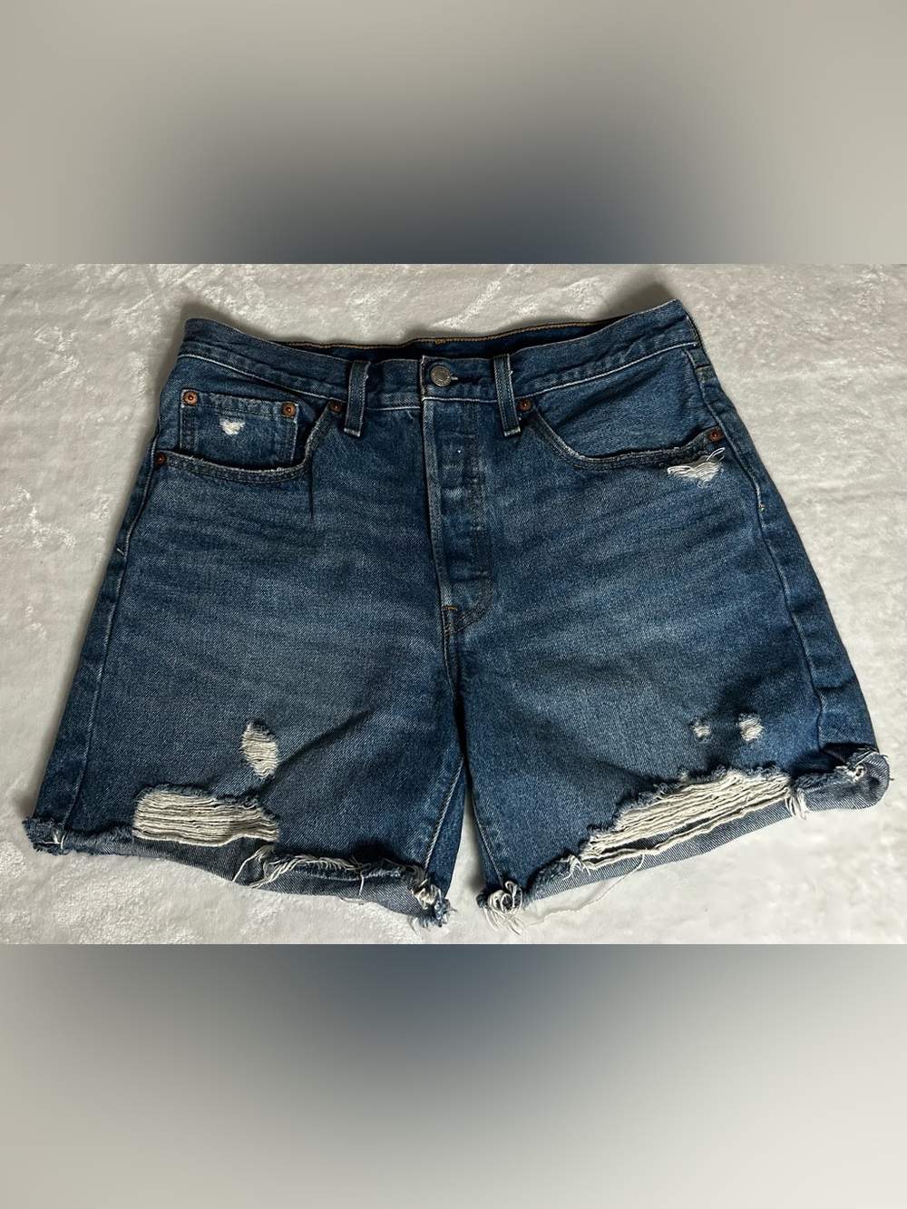 Levi’s 501 Blue Distressed Denim High Rise Button Fly Women’s Jean Shorts Sz W30